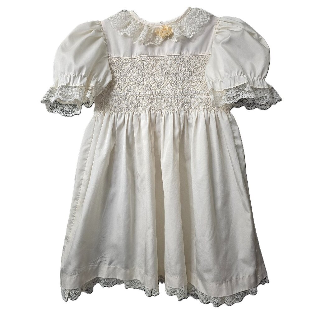 Polly Flinders Satin Smocked Dress 6 Lace Floral Ivory Church Christening VTG 80